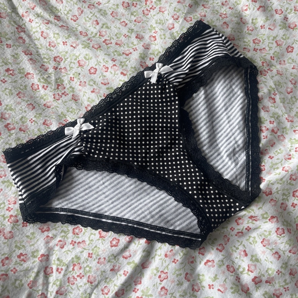 Victoria's Secret Bows Panties XS black White Stripe Dot Lace lowrise Hiphugger